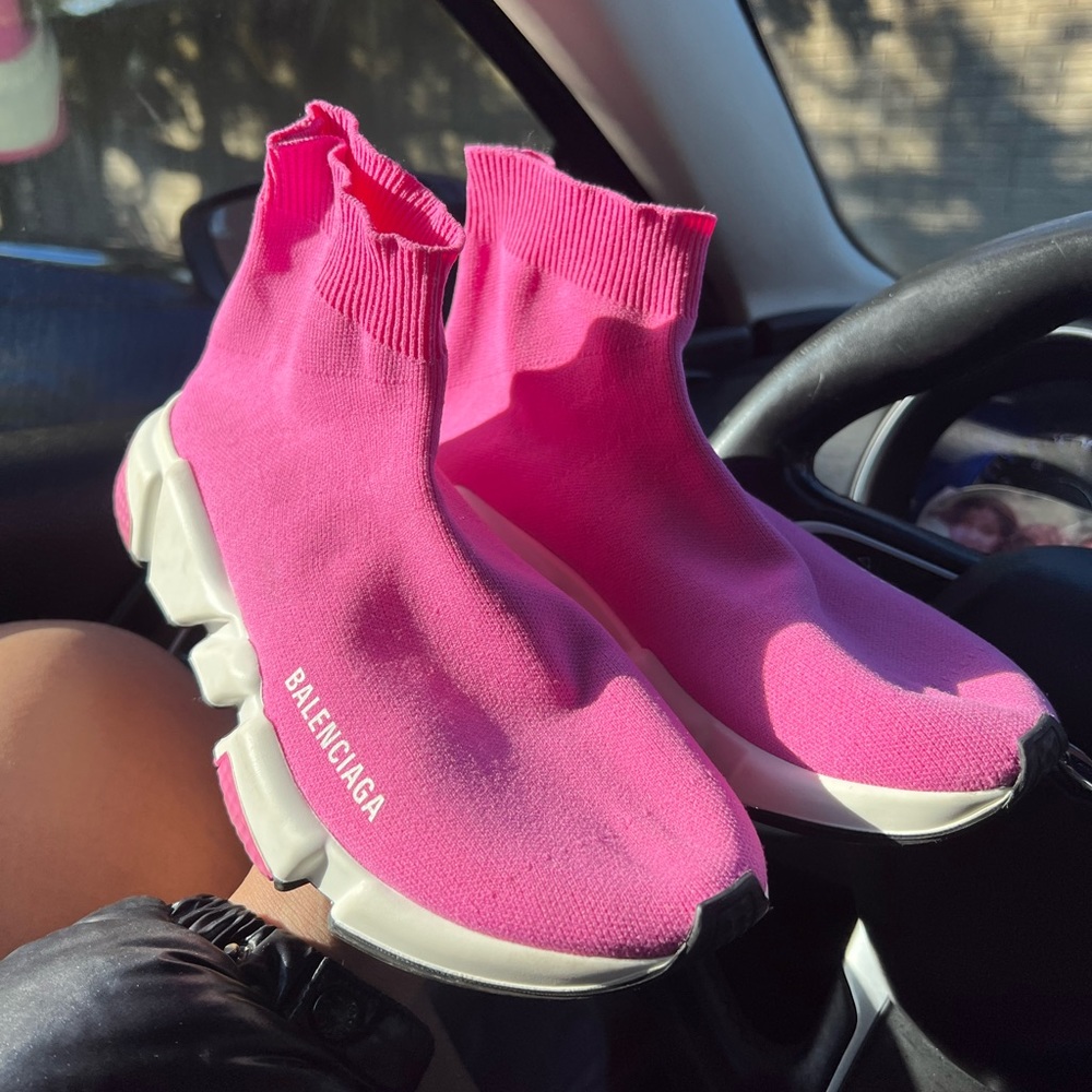 Pink and white Balenciaga speed trainers